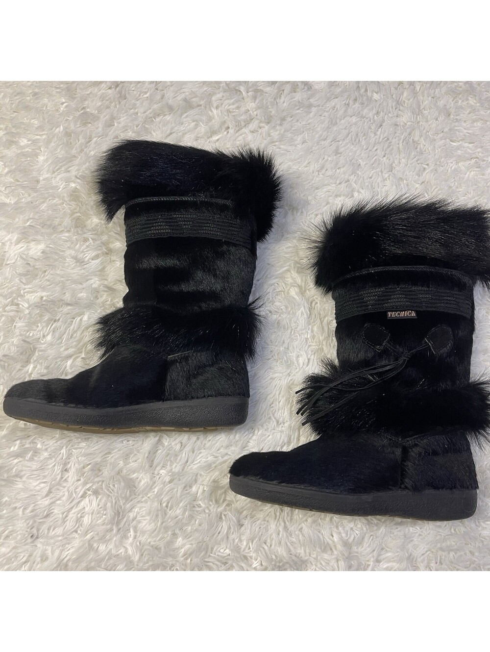 VTG Tecnica Snow Boots Black FULL GOAT HAIR Mid Calf Rare Womens 38 Excellent